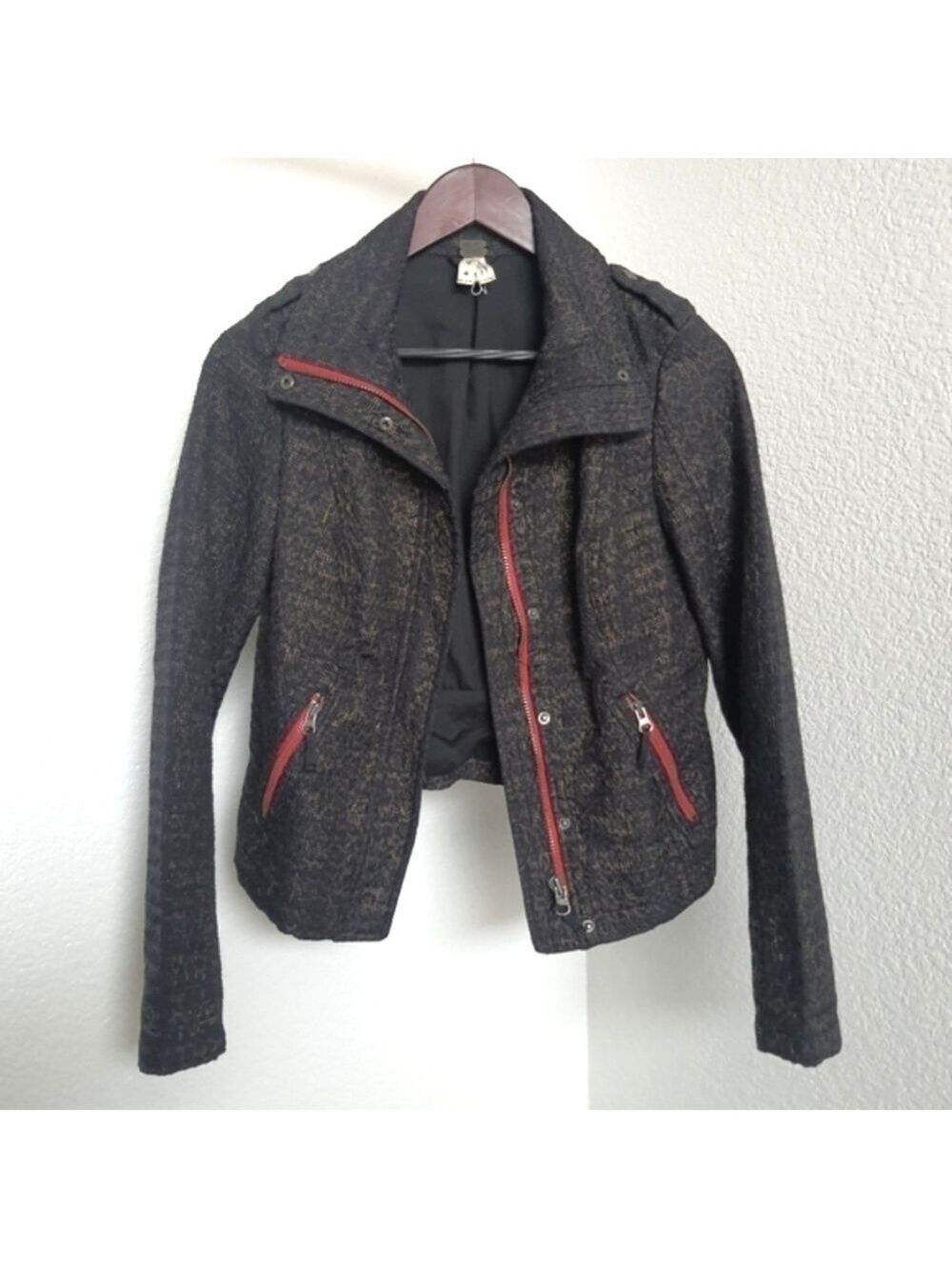 We The Free Moto Jacket High Neck Zip Button Black Red Leopard